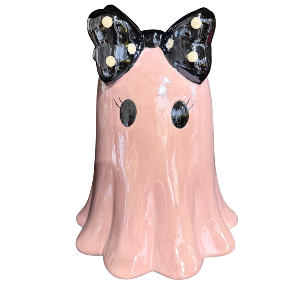 Pink Ghost Ceramic Figurine with Bow Halloween Decor Glossy 9 Inch TJ Maxx